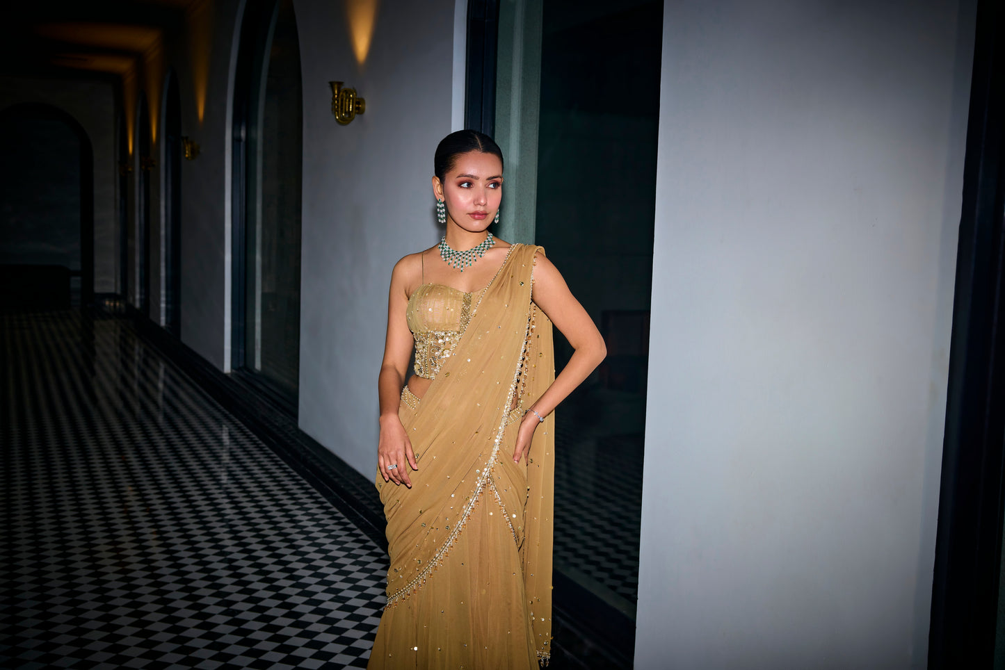 GOLD SEQUINS TIERED SAREE WITH CORSET SET