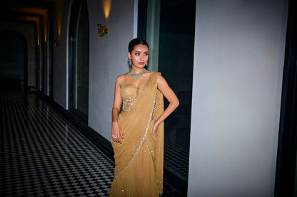 GOLD SEQUINS TIERED SAREE WITH CORSET SET