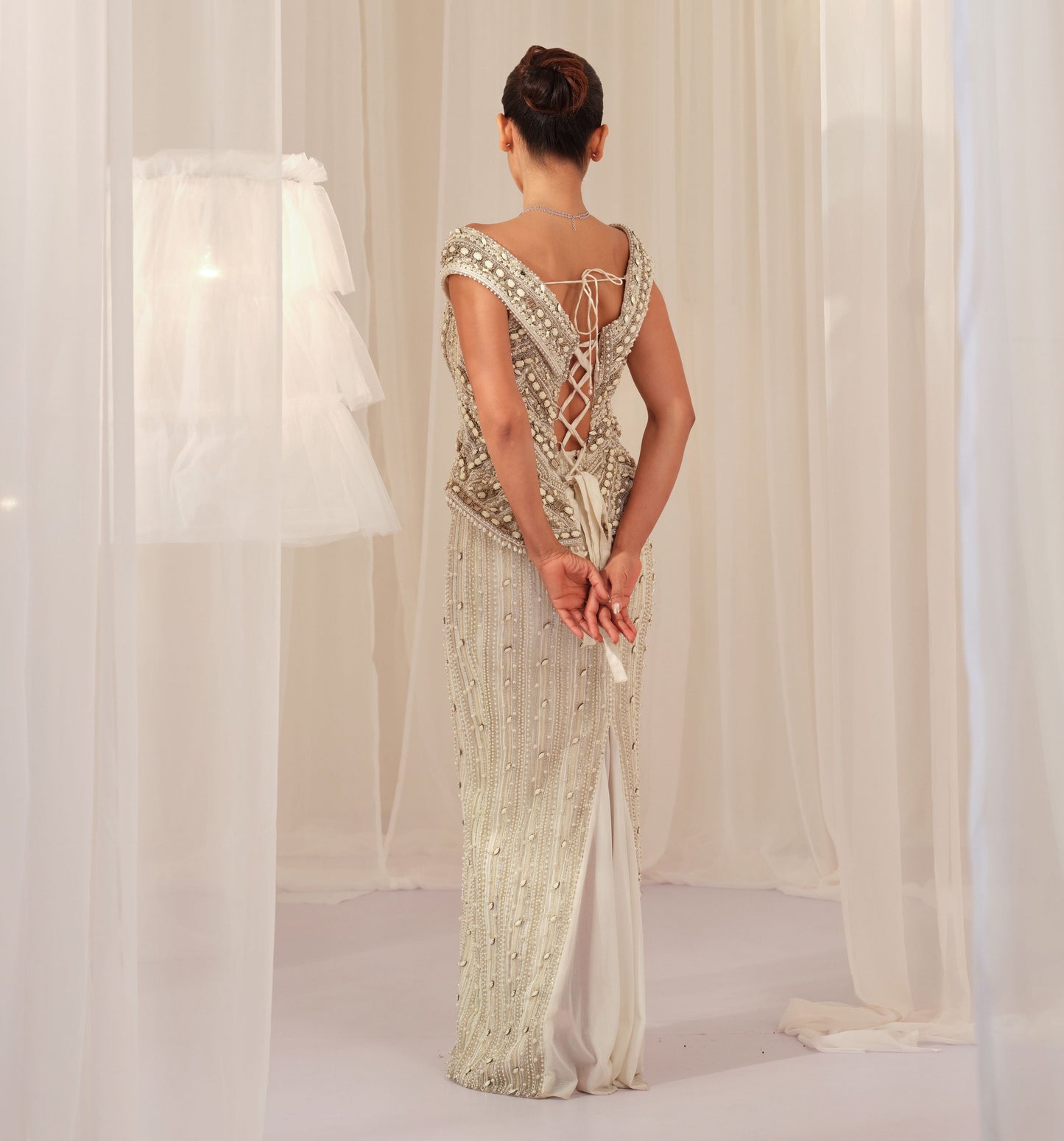 White Stone Crystal Corset with Beaded Pencil Skirt