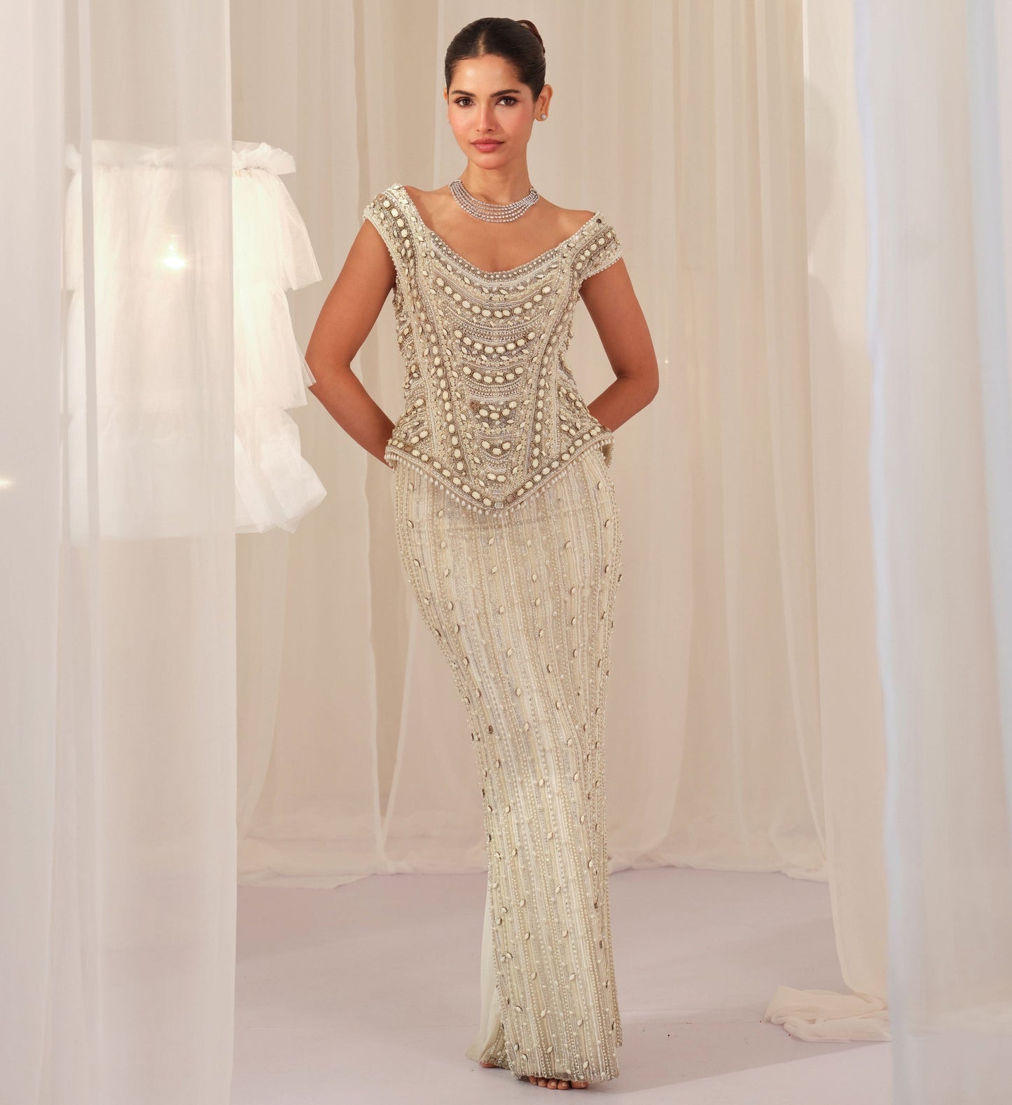 White Stone Crystal Corset with Beaded Pencil Skirt