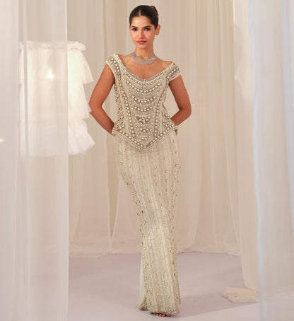 White Stone Crystal Corset with Beaded Pencil Skirt