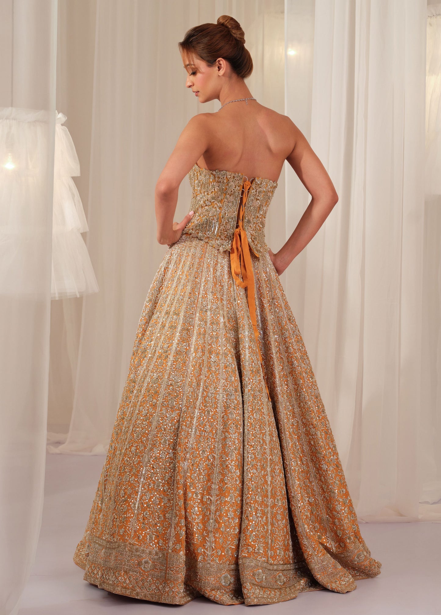 Burnt Orange Raw Silk Lehenga With Corset & Dupatta