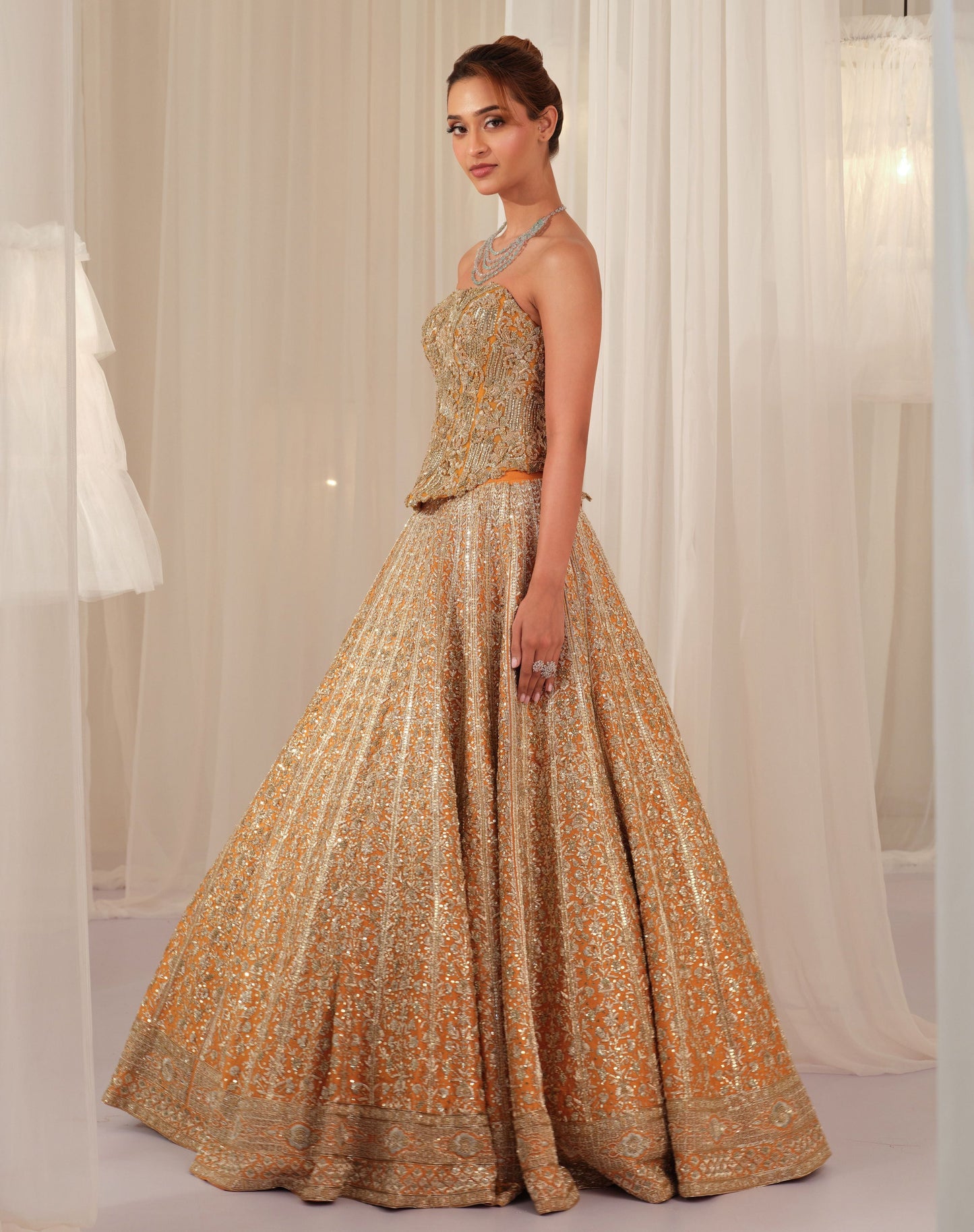 Burnt Orange Raw Silk Lehenga With Corset & Dupatta