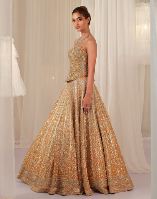 Burnt Orange Raw Silk Lehenga With Corset & Dupatta
