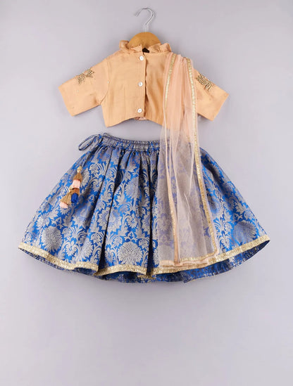 Zari And Sequin Work Top With Brocade Lehenga And Dupatta
