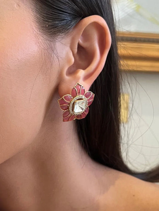 SHRIYA Flower Shaped Dark Pink Polki EARRINGSS