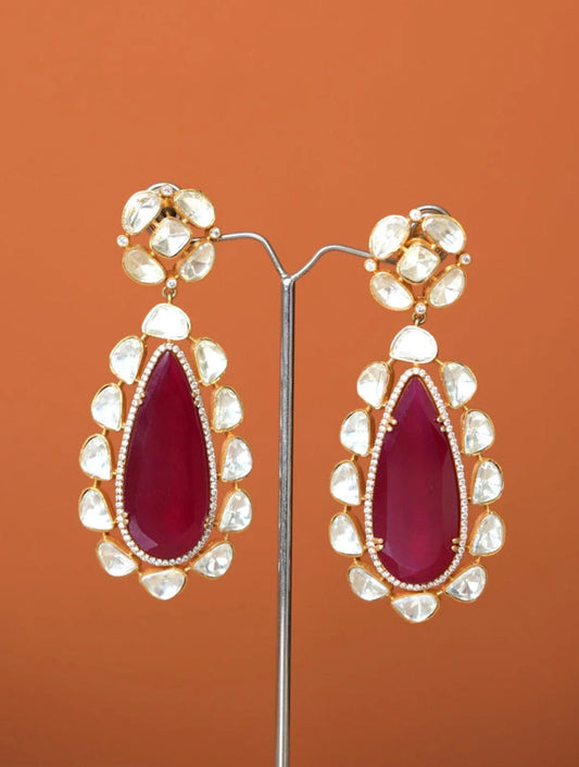 SHRADDHA COCKTAIL REAL MOISSANITE EARRINGSS WITH BIG SEMI PRECIOUS RUBY STONE
