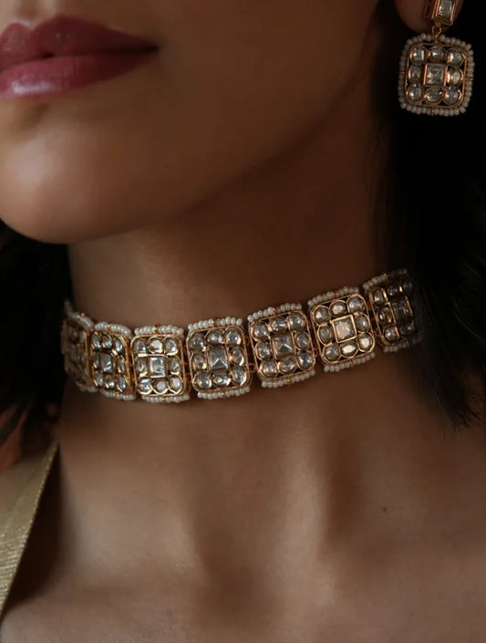 KHUSHNAZ SQUARE JADAU MOTI CHOKER SET WITH EARRINGSSS