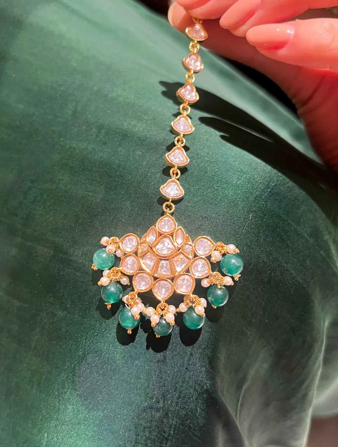 KRISHA Green SP Stone Jadau Polki Mang Tikka