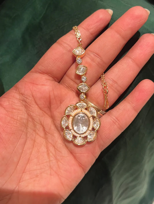 RAYA Petal Shaped White SP Stone Polki Mang Tikka