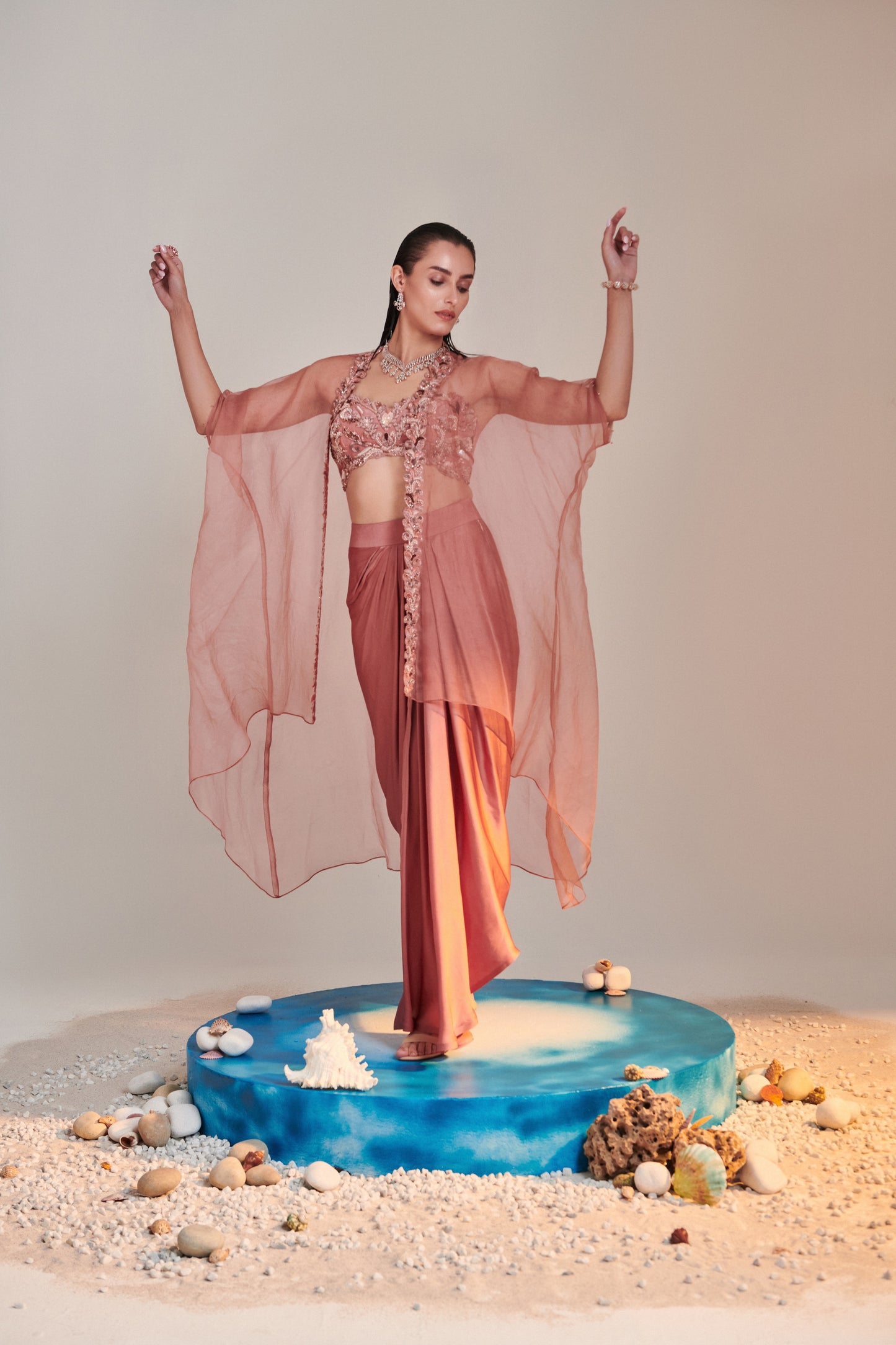 Salmon Pink Pure Organza Cape