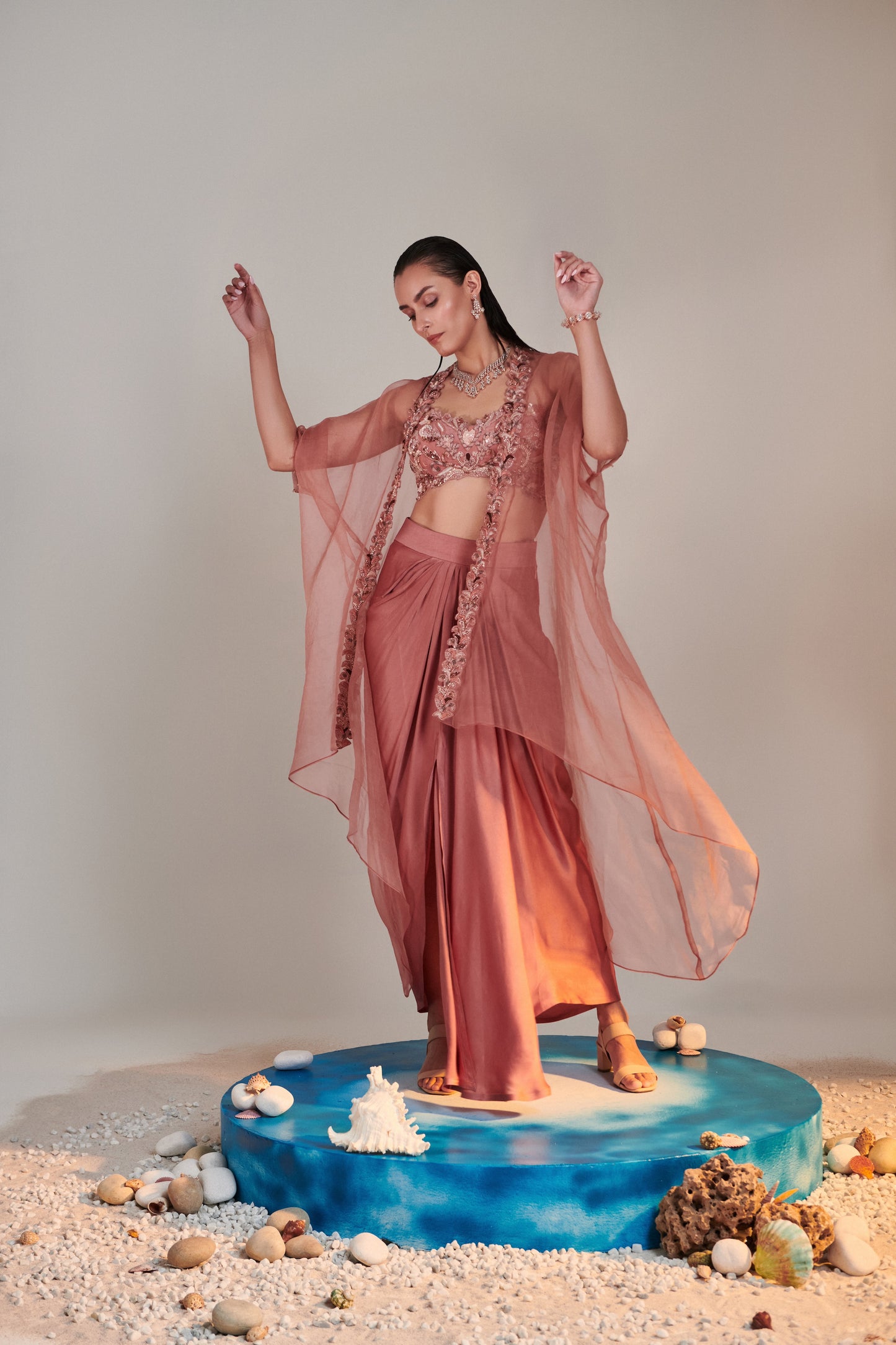 Salmon Pink Pure Organza Cape