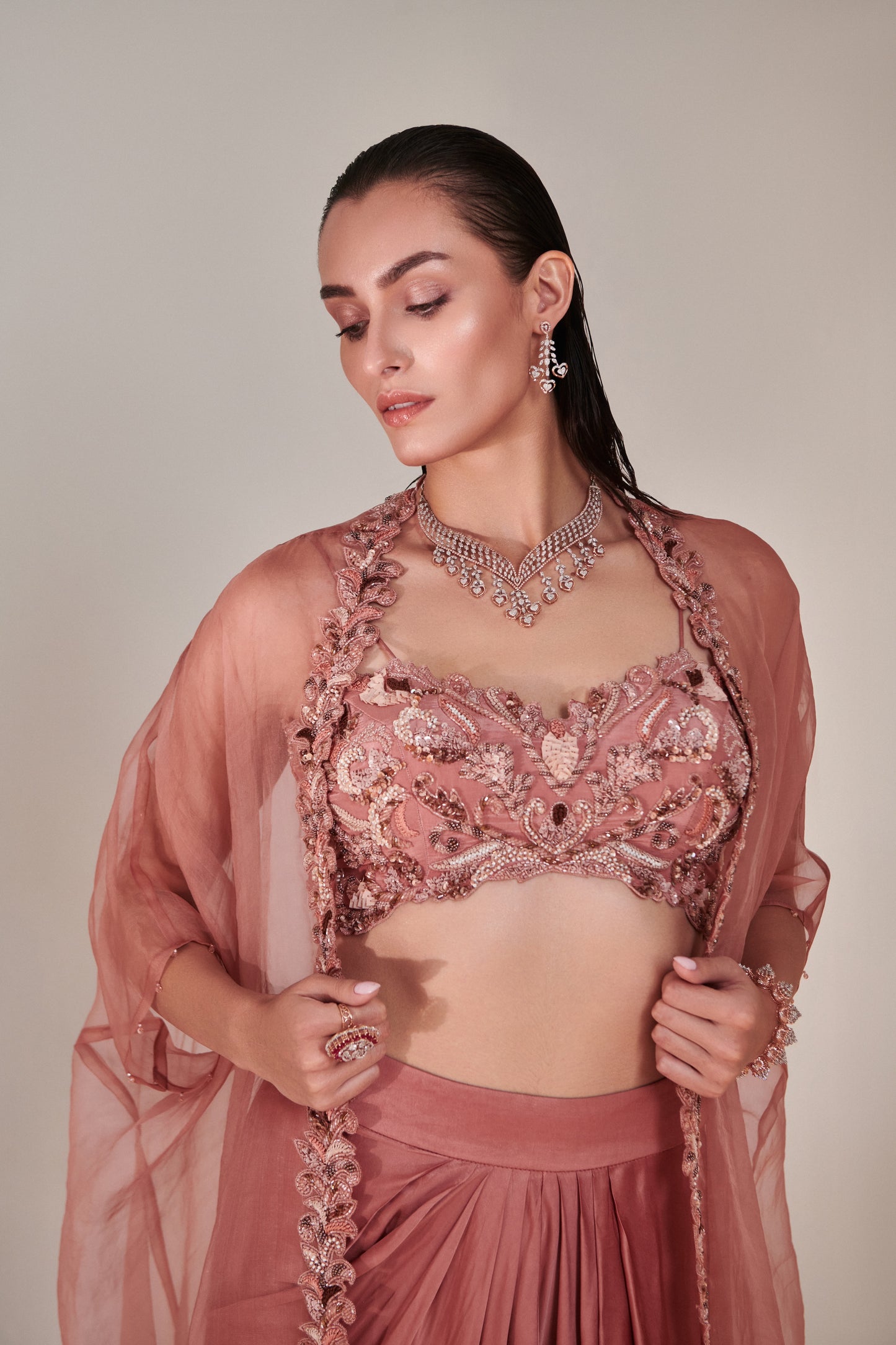 Salmon Pink Pure Organza Cape