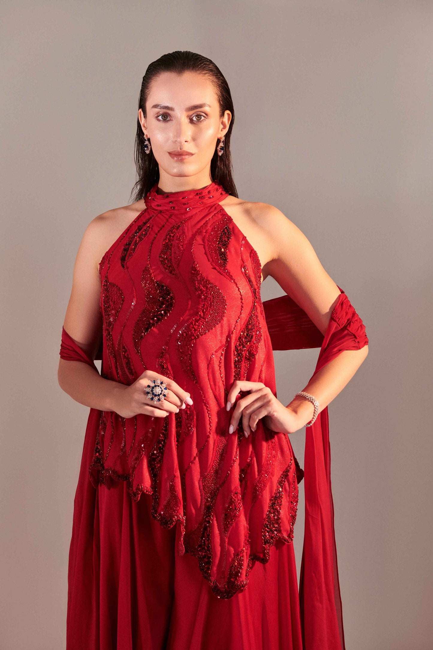Scarlet Red Cutwork Asymmetric Tunic Sharara Set
