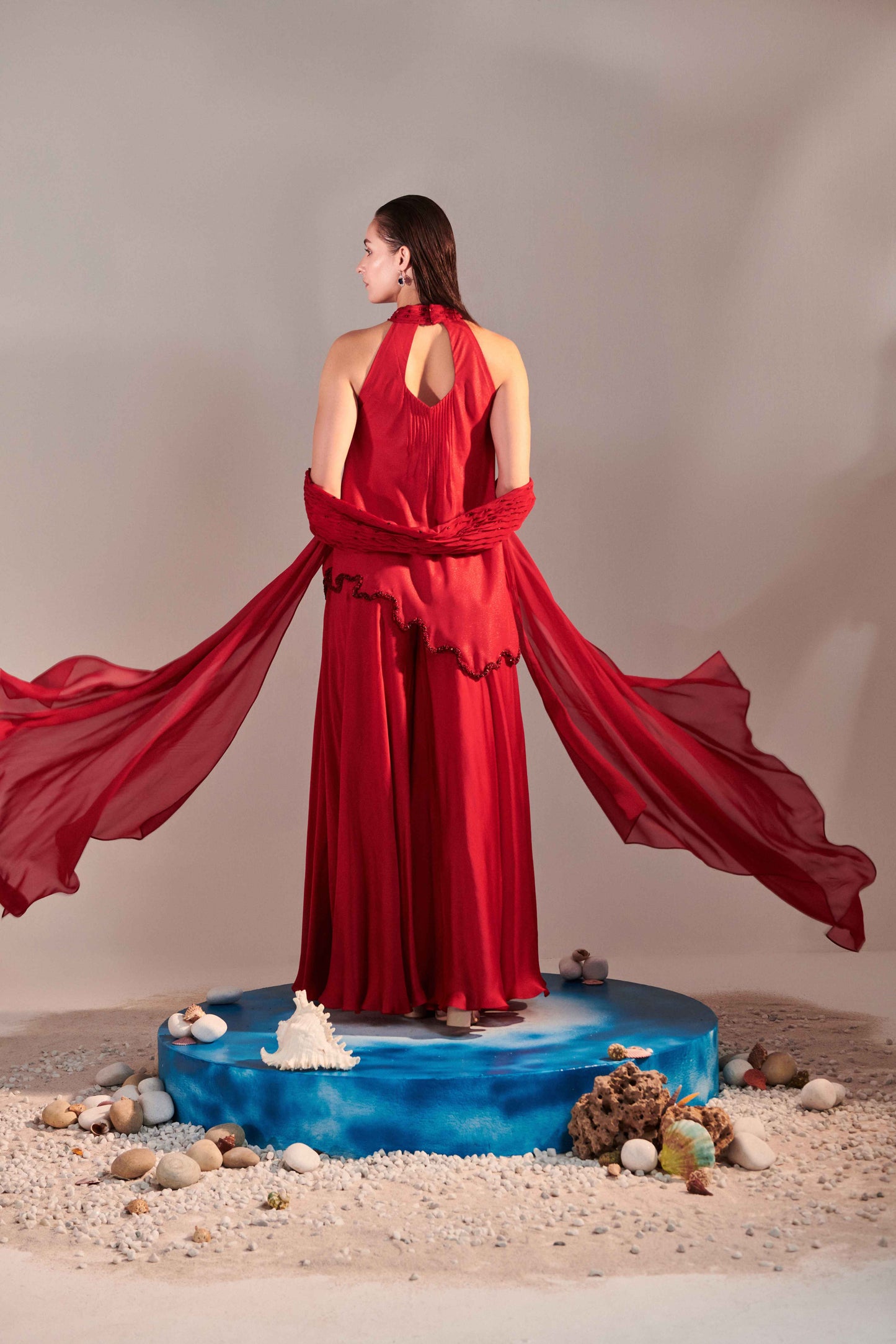 Scarlet Red Cutwork Asymmetric Tunic Sharara Set
