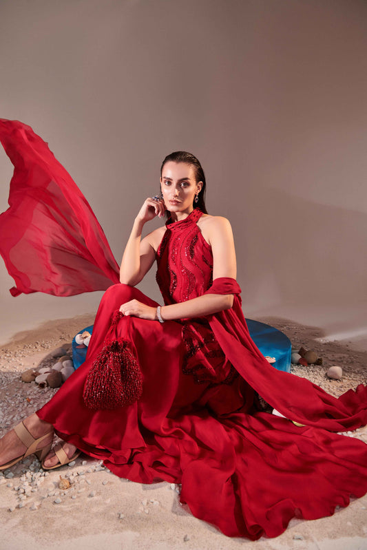 Scarlet Red Cutwork Asymmetric Tunic Sharara Set