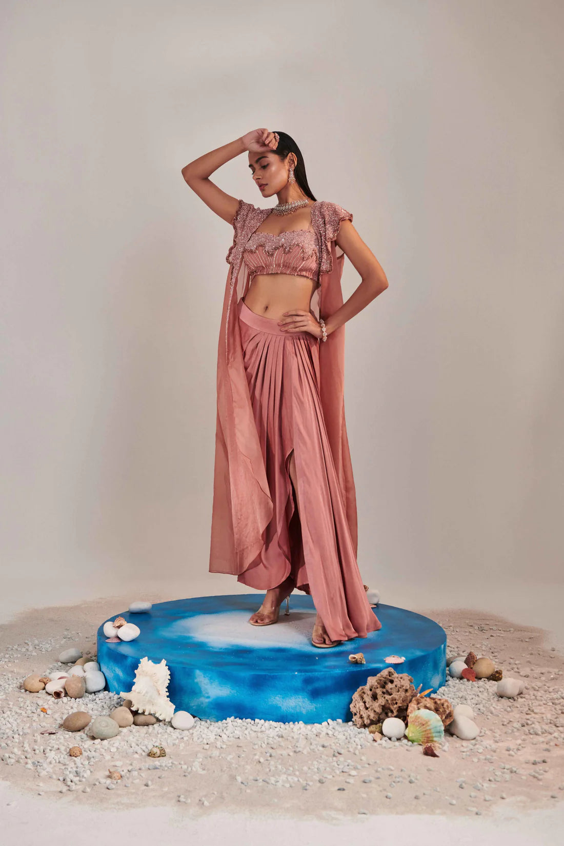 Salmon Pink Hawl Collar Cutwork  Cape