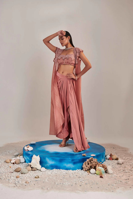 Salmon Pink Hawl Collar Cutwork  Cape