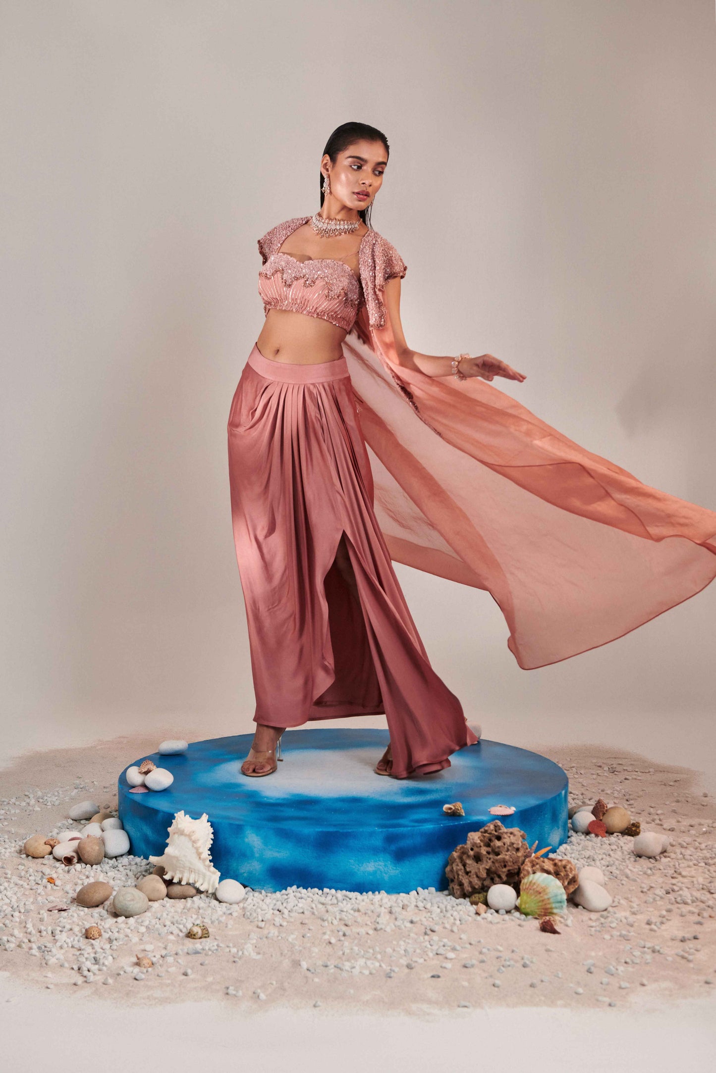 Salmon Pink Hawl Collar Cutwork  Cape