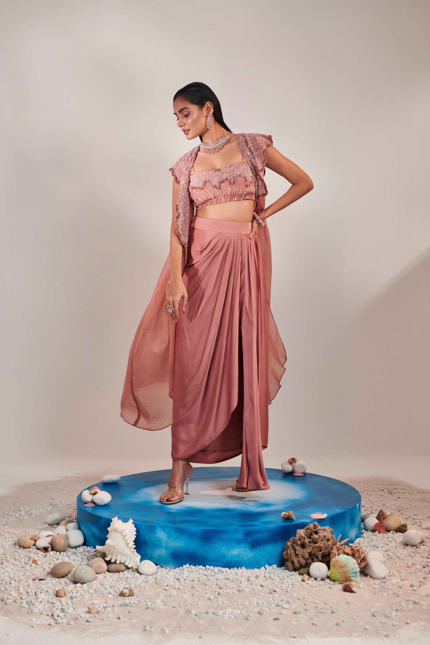 Salmon Pink Hawl Collar Cutwork  Cape