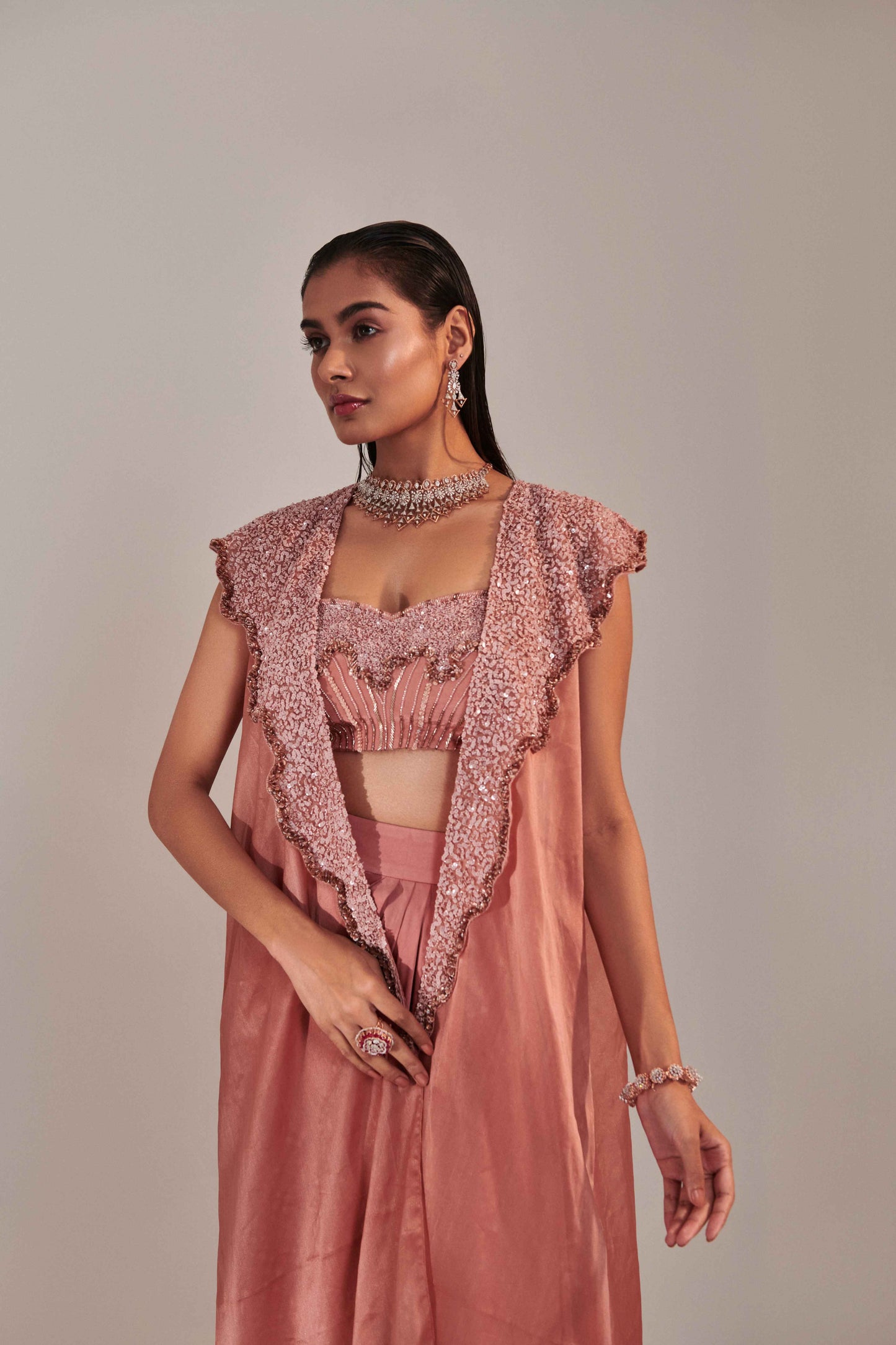 Salmon Pink Hawl Collar Cutwork  Cape