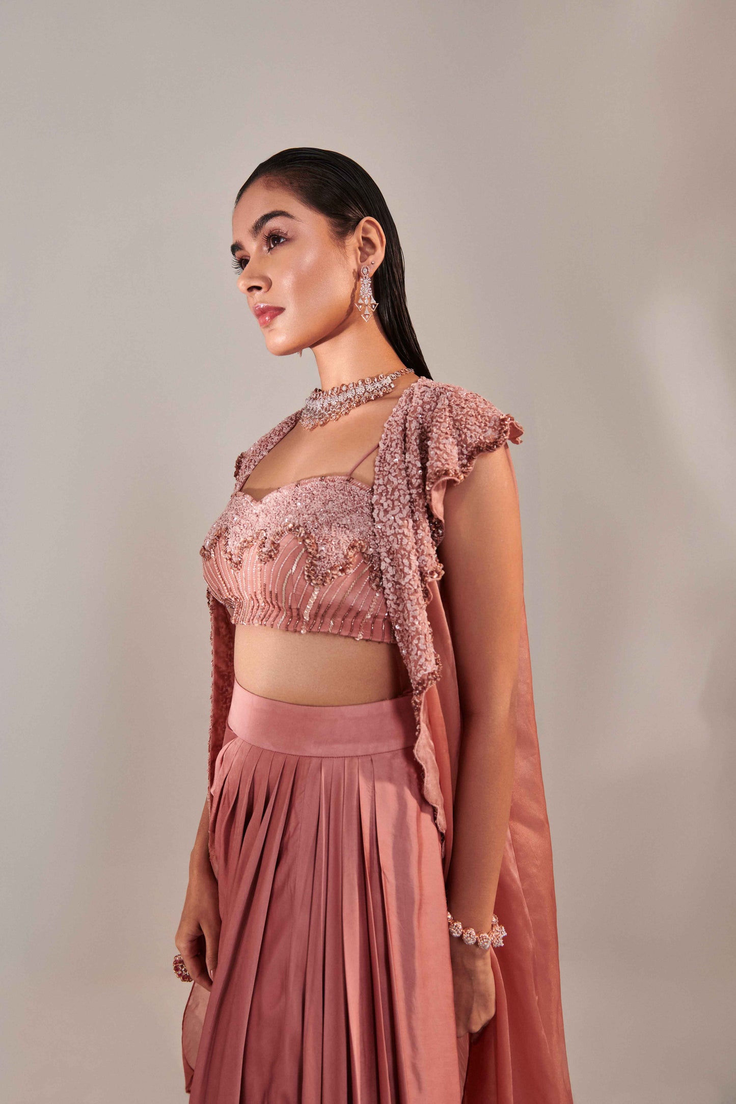 Salmon Pink Hawl Collar Cutwork  Cape