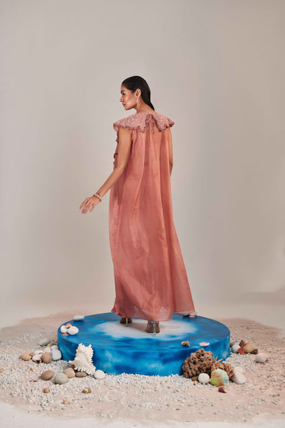 Salmon Pink Hawl Collar Cutwork  Cape