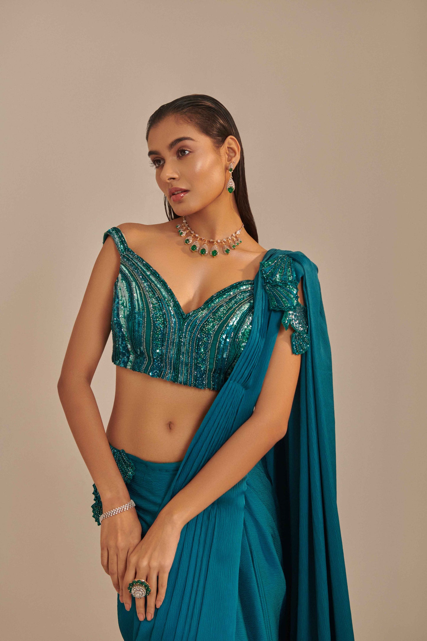 Teal Off Shoulder Pre-Stitch Drape Saree Set