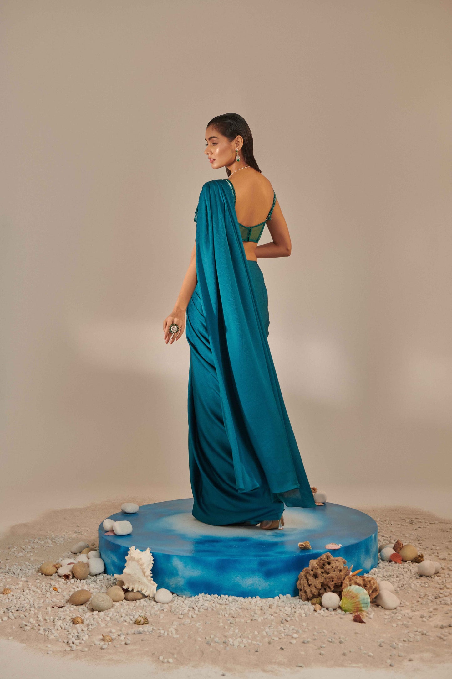 Teal Off Shoulder Pre-Stitch Drape Saree Set