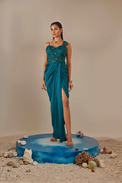 Teal Drape Gown Hand Embroidered