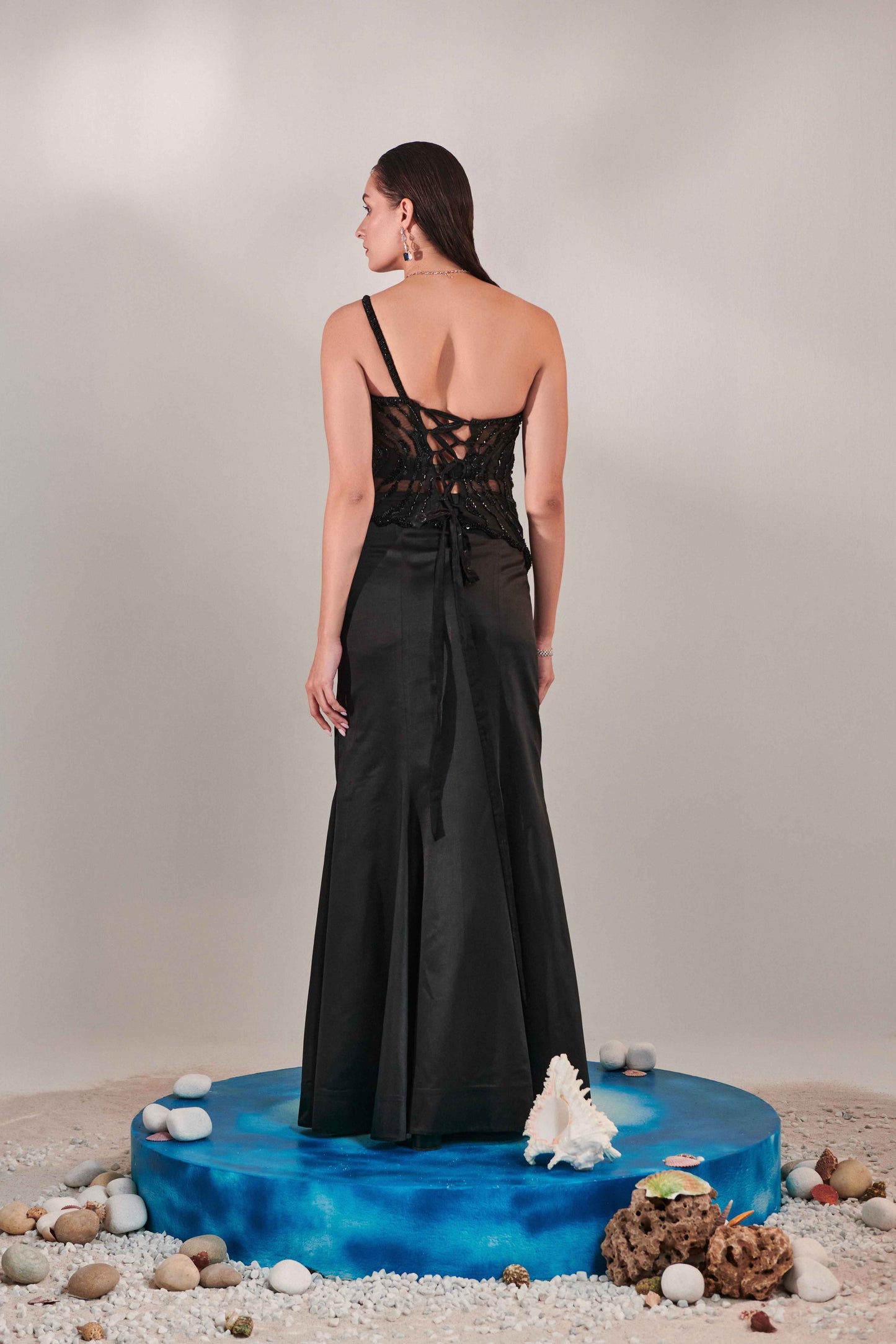Hand Embroidered Callop On Shoulder Corset Fit Top Bustier And Kalidar Fitted Skirt