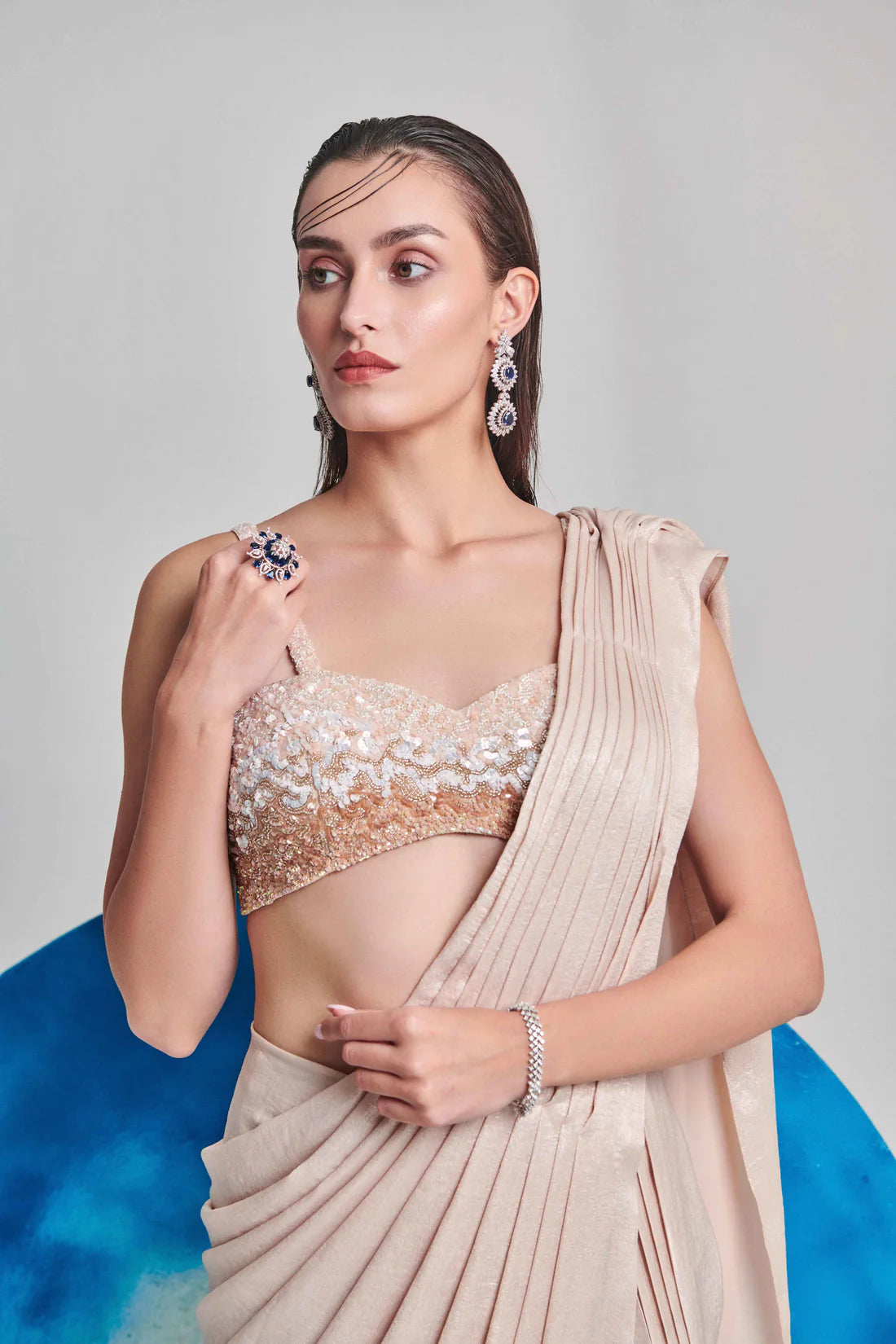 Ivory Metallic Foil Hand Pleated Saree