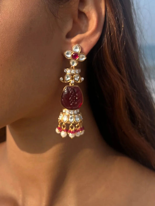 PRIYA HEAVY BELL WHITE AND RED POLKI EARRINGSSS SEMI-PRECIOUS STONE WITH BASRA MOTI
