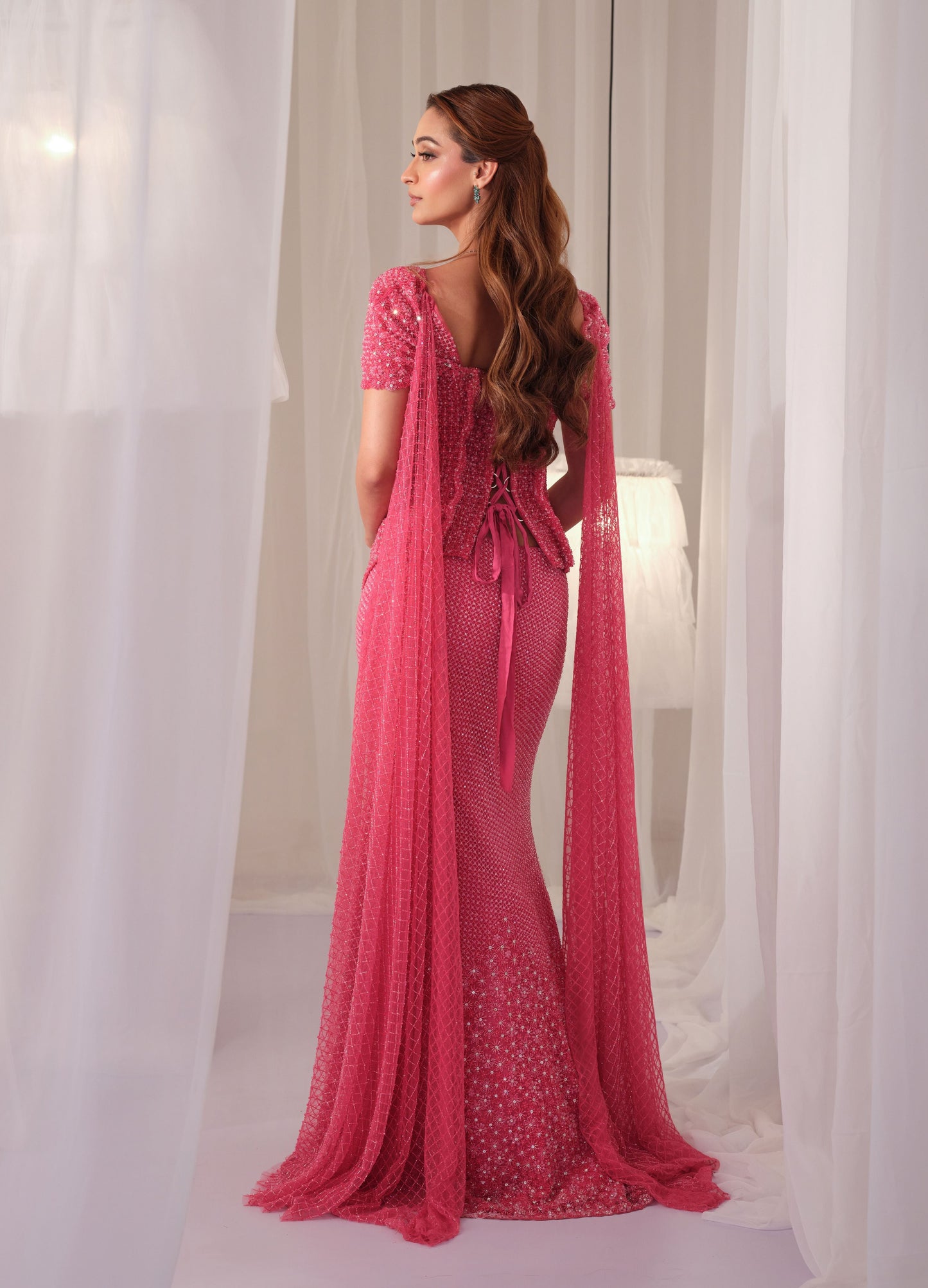 Barbie Pink Hand Embellished Corset With Fishcut Lehenga