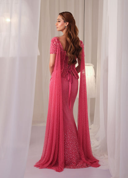 Barbie Pink Hand Embellished Corset With Fishcut Lehenga
