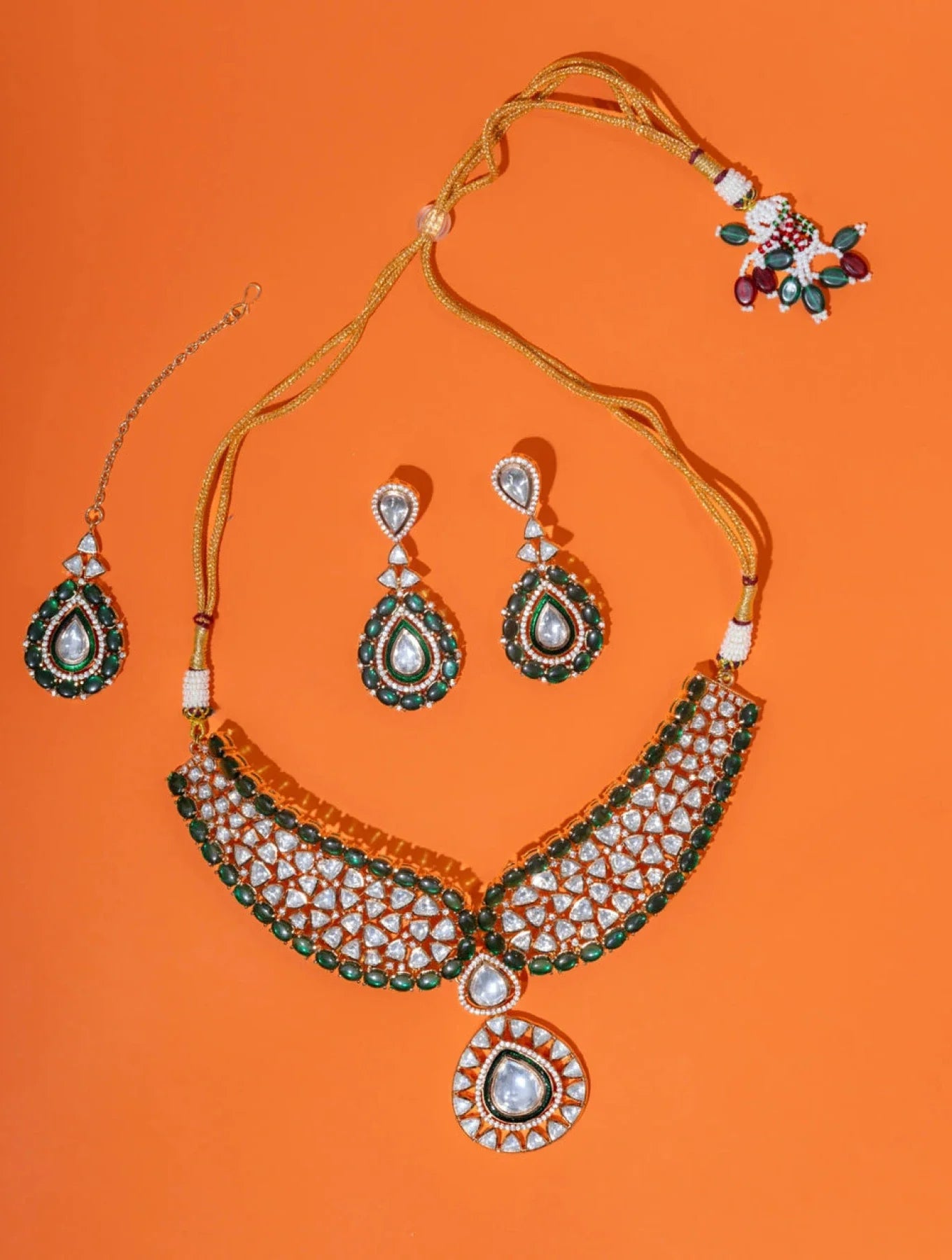 GREEN BACKSETTING FAUX POLKI NECKLACE WITH EARRINGSSS