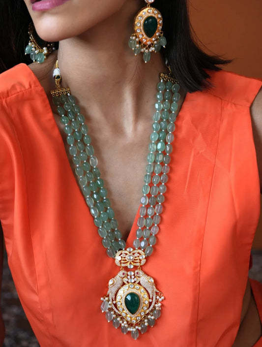 SIA TOTA GREEN STONES PENDANT ON GREEN MALA SET WITH LONG EARRINGSSS