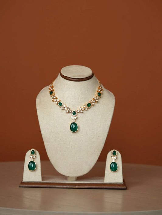 PALAK GREEN SEMI PRECIOUS STONE AND FAUX POLKI NECKLACE WITH DROP EARRINGSSS