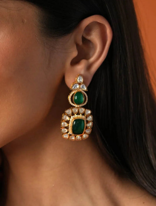 SUNITA GREEN SEMI PRECIOUS STONE AND POLKI EARRINGSSS