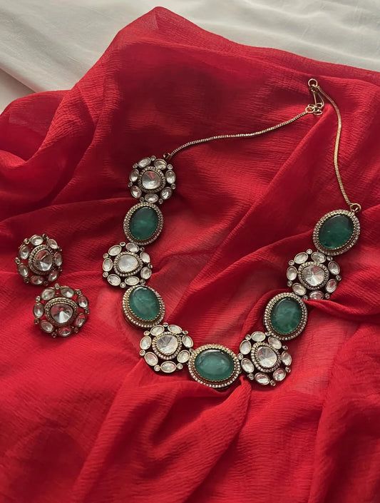 LAILA FAUX POLKI NECKLACE WITH SEMI PRECIOUS GREEN STONE AND HEAVY EARRINGSSS