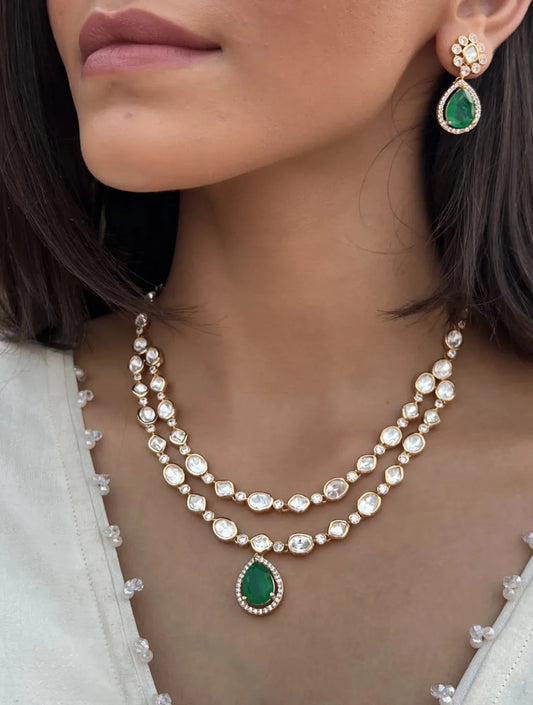 NIYATI DOUBLE LINE POLKI AND FAUX GREEN STONE NECKLACE SET WITH LONG EARRINGSSS
