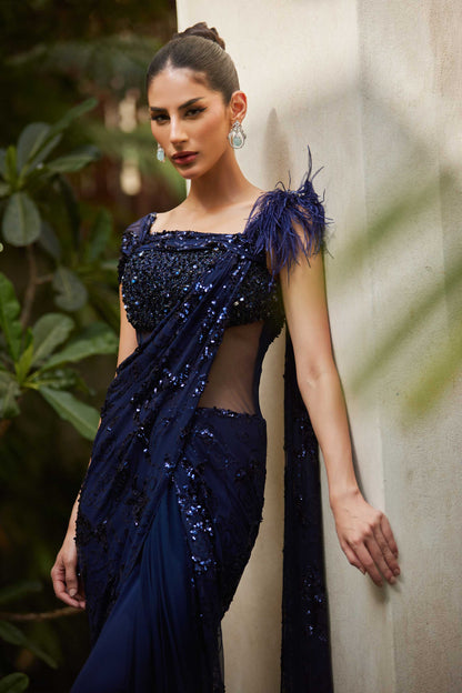 Midnight Blue Feathered Saree - One piece