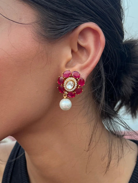 SUHANI ROSE FLOWER POLKI WITH SINGLE MOTI EARRINGSSS