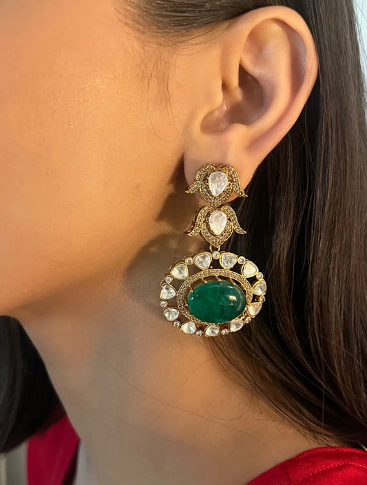 PARUL COCKTAIL REAL MOISSANITE EARRINGSS WITH BIG SEMI PRECIOUS GREEN STONE