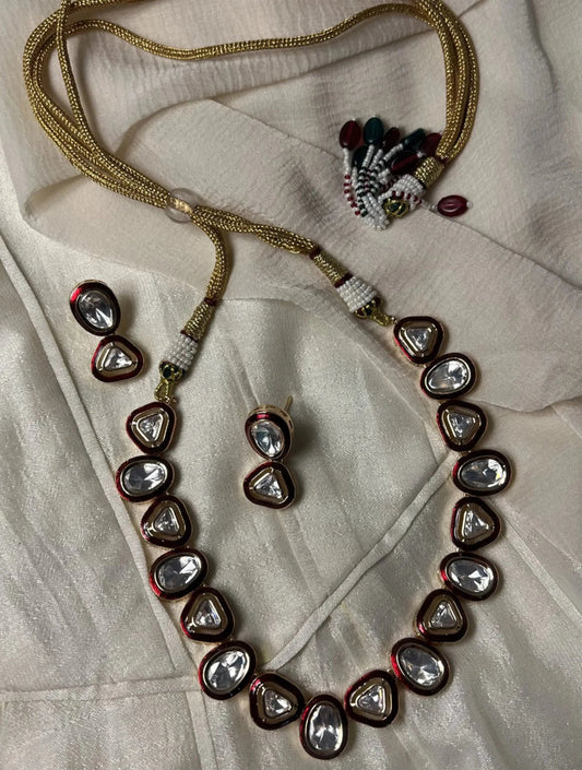 MEGHA PAAN SHAPED SINGLE LINE POLKI NECKLACE SET WITH RED MEENA WORK AND EARRINGSSS