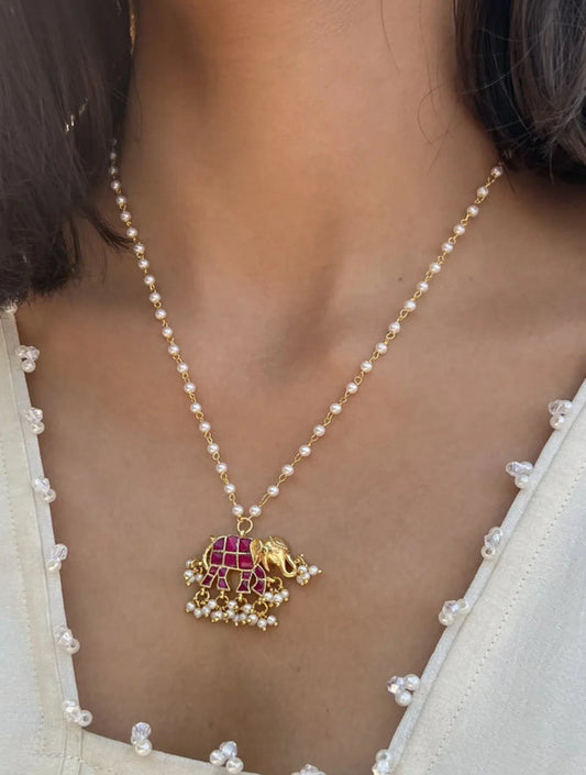 LISA ELEPHANT SHAPED POLKI WITH SEMI-PRECIOUS STONE WITH BASRA MOTI