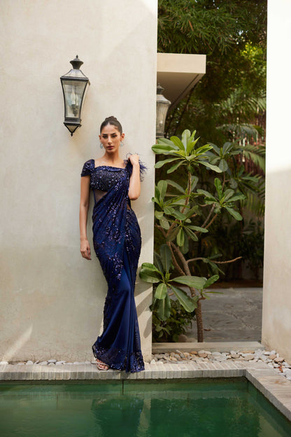 Midnight Blue Feathered Saree - One piece