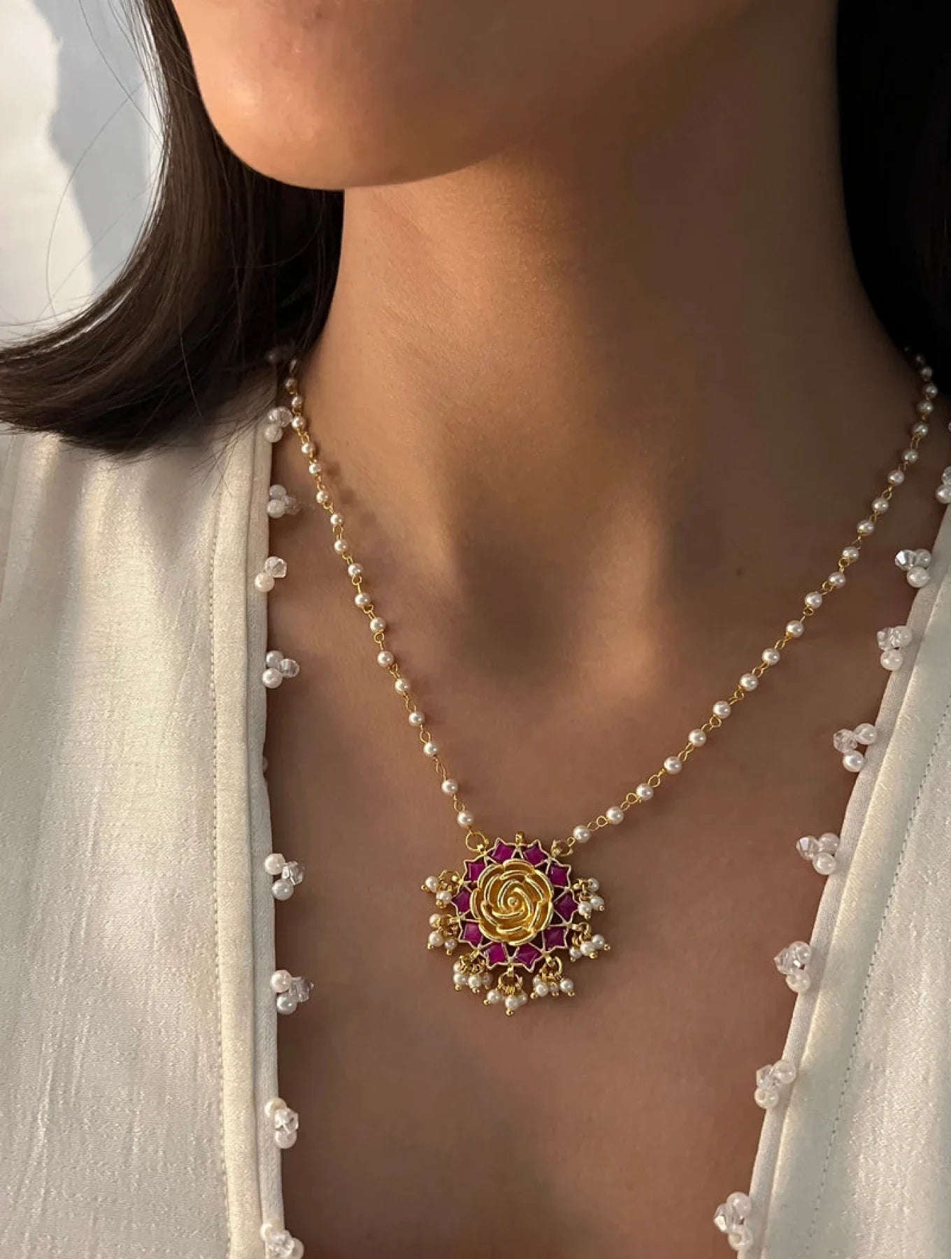 ROHINI ROSE SHAPED POLKI WITH SEMI-PRECIOUS STONE WITH BASRA MOTI