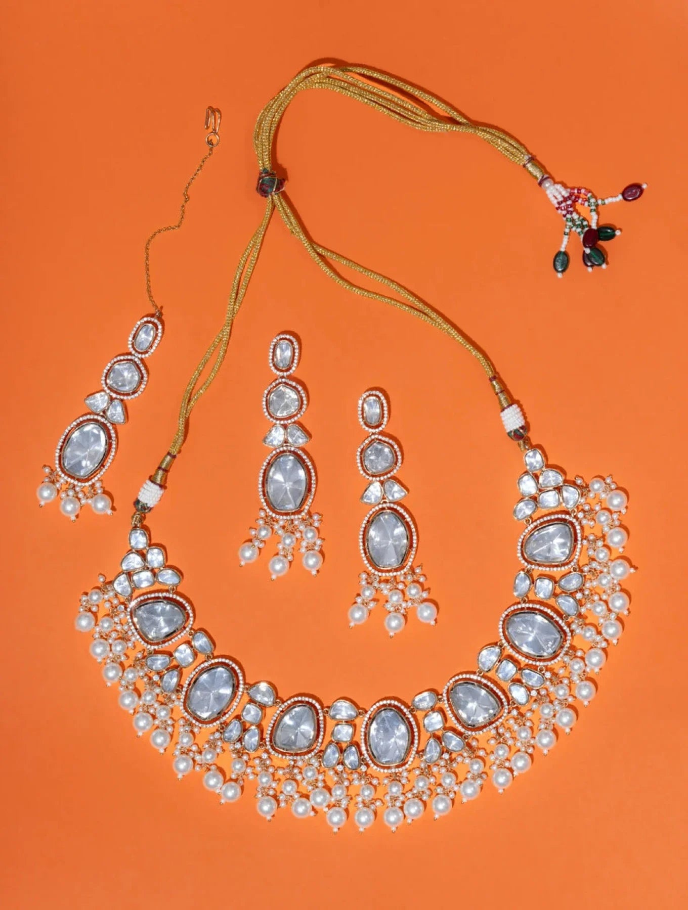 RADIANT FAUX POLKI AND FAUX BASRA MOTI NECKLACE AND EARRINGSSS SET