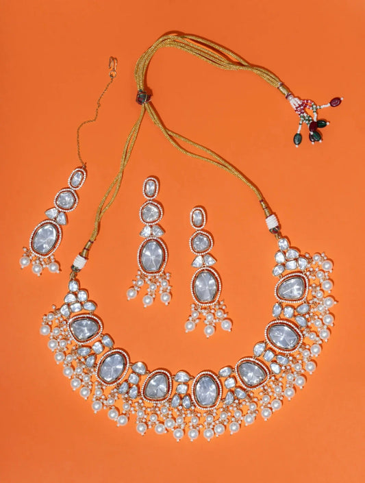 RADIANT FAUX POLKI AND FAUX BASRA MOTI NECKLACE AND EARRINGSSS SET